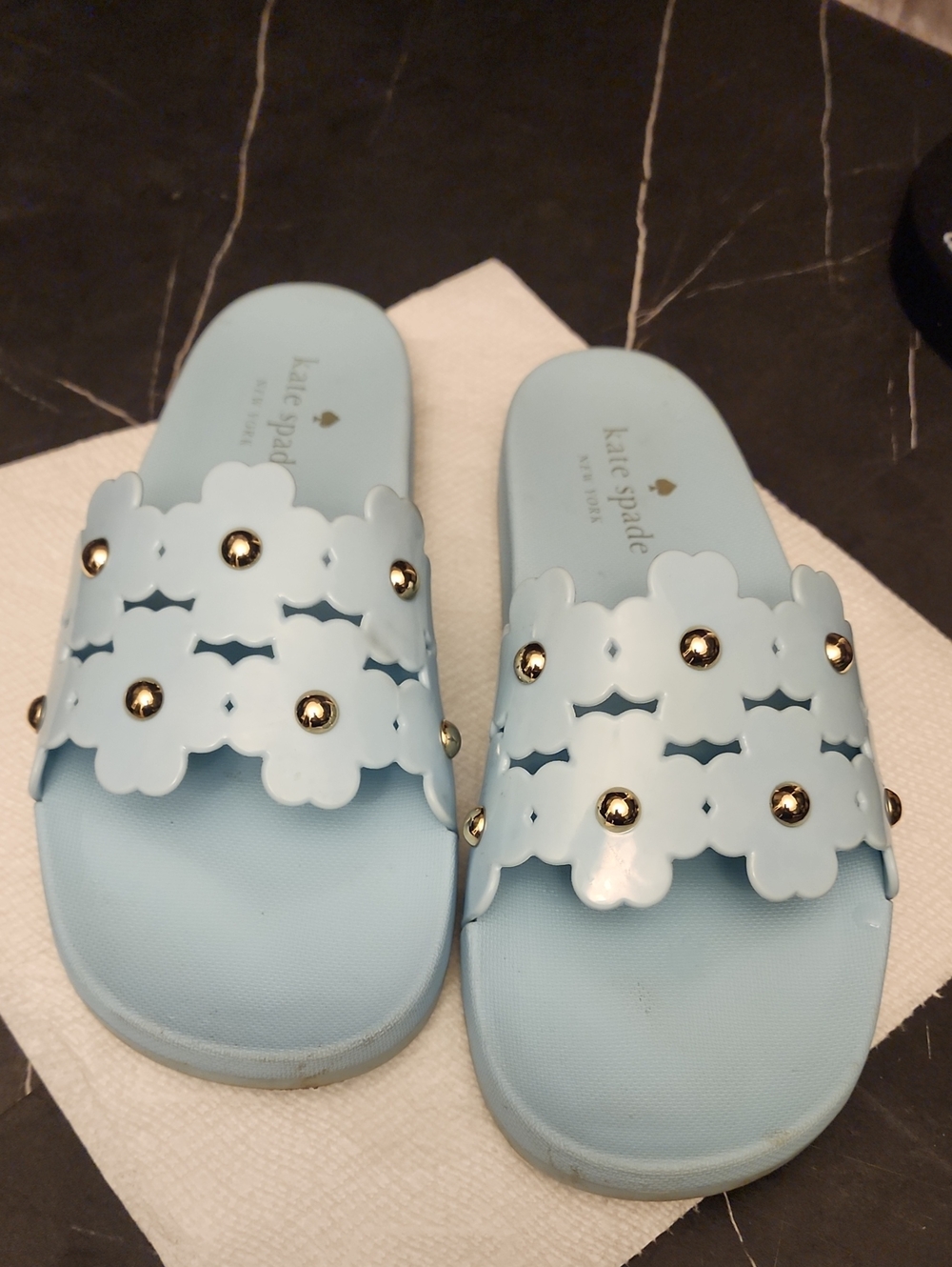 PRELPVED Kate Spade Powder Blue Floral Stud Slide Sandals